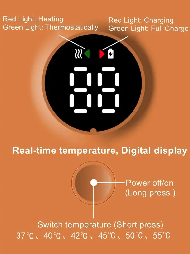 Bottle warmer display close-up: heating and charging lights, temperature settings 37β55Β°C