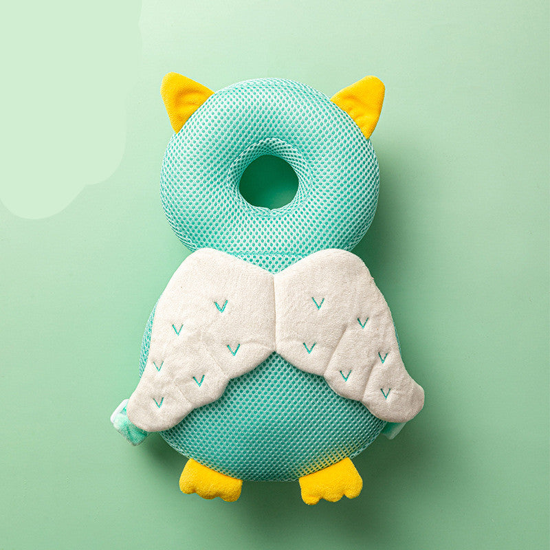 Baby head protector backpack – Owl design, teal mesh with white wings and yellow ears