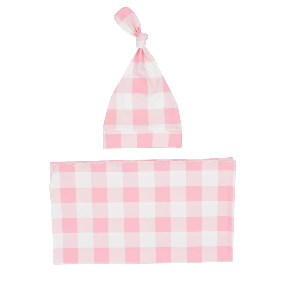 Newborn swaddle blanket and knotted hat set in pink gingham