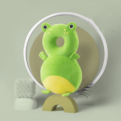 Baby head protector backpack – Green Frog design, green plush with yellow belly