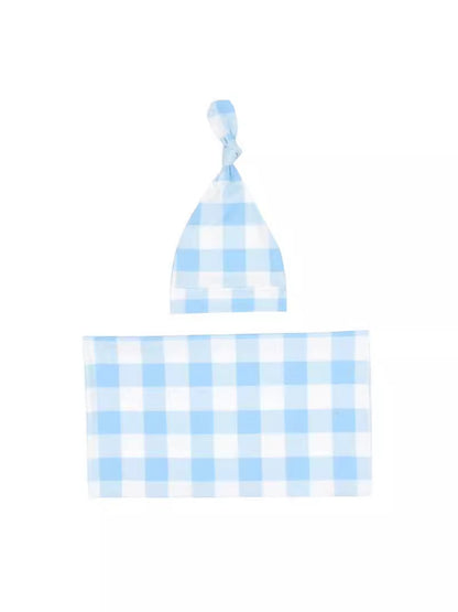 Blue gingham swaddle blanket with matching knotted newborn hat