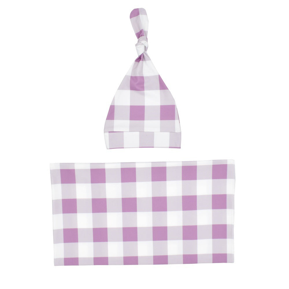 Newborn swaddle blanket and knotted hat set in violet gingham
