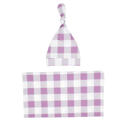 Newborn swaddle blanket and knotted hat set in violet gingham