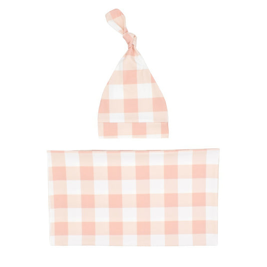 Newborn swaddle blanket and knotted hat set in peach gingham
