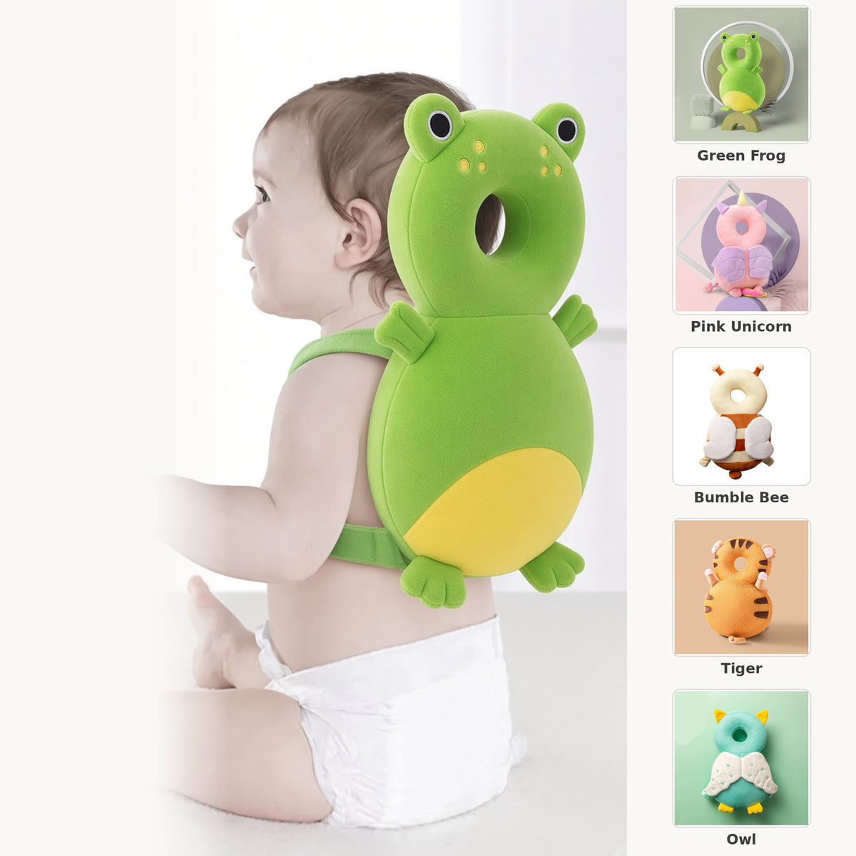 Baby head protector backpack worn by a baby – available in Green Frog, Pink Unicorn, Bumble Bee, Tiger and Owl