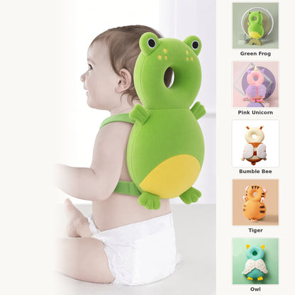 Baby head protector backpack worn by a baby – available in Green Frog, Pink Unicorn, Bumble Bee, Tiger and Owl