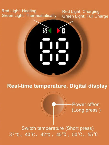 Bottle warmer display close-up: heating and charging lights, temperature settings 37–55°C