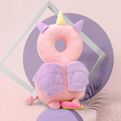 Baby head protector backpack – Pink Unicorn design, pink velvet with lavender wings and gold horn